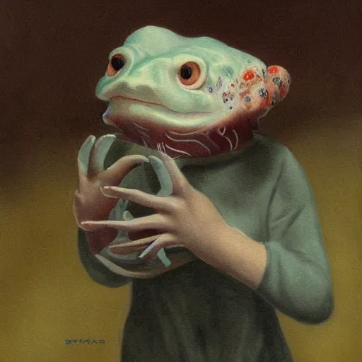 Image similar to Creepy painting of anthropomorphic axolotl