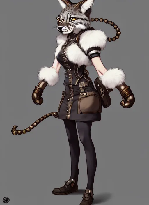 Image similar to wide angle beautiful full body portrait of a strong female anthropomorphic anthro lynx fursona wearing a steampunk dress. from behind, character design by disney, anime, manga, charlie bowater, ross tran, artgerm, and makoto shinkai, detailed, soft lighting, rendered in octane, white fur