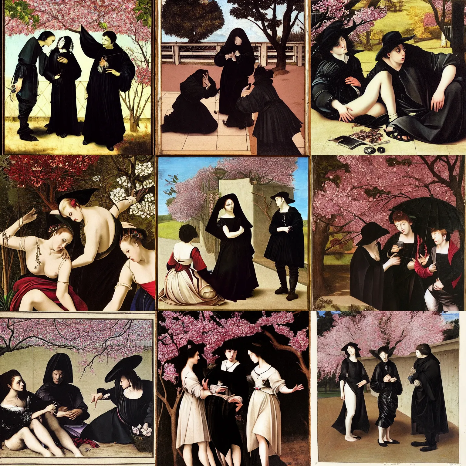 Prompt: art by caravaggio depicting three goths loitering in the shade, talking beneath a cherry blossom outside a blockbuster video store.