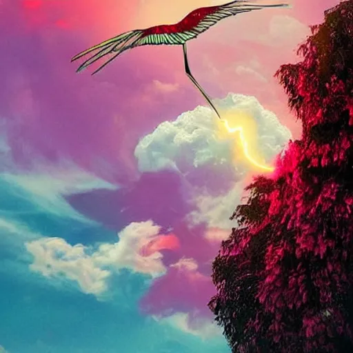Image similar to a goddess wearing a flamingo fashion up there in sky, aesthetics, on fire, photoshop, colossal, creative and cool, giant, digital art, photo manipulation, clouds