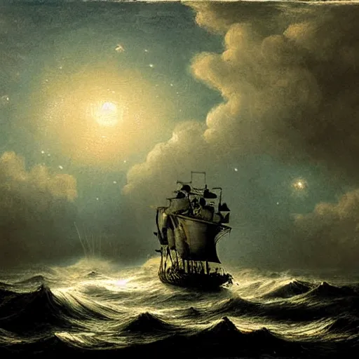 Image similar to moonlit ocean, stars in sky, pirate ship flying in the sky by peter balke