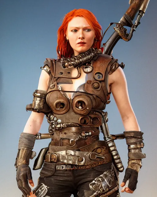 Prompt: highly detailed full body character portrait of a female red head mad max road warrior with auto parts attached to her costume, concept painting with detailed face by J. C. Leyendecker and Edmund Blair and Yuriy Mazurkin and Eppo Doeve, octane render, 8k, high quality, award winning masterpiece, HDR,