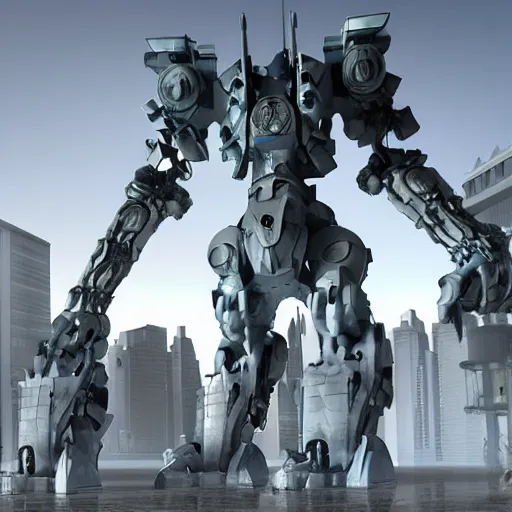 Image similar to six meter tall mech firing at tanks, futuristic city, mechanized art concept, 3 d render, marble statue