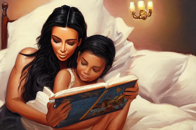 Image similar to portrait of kim kardashian reading a bedtime story to joe biden in bed, an oil painting by ross tran and thomas kincade