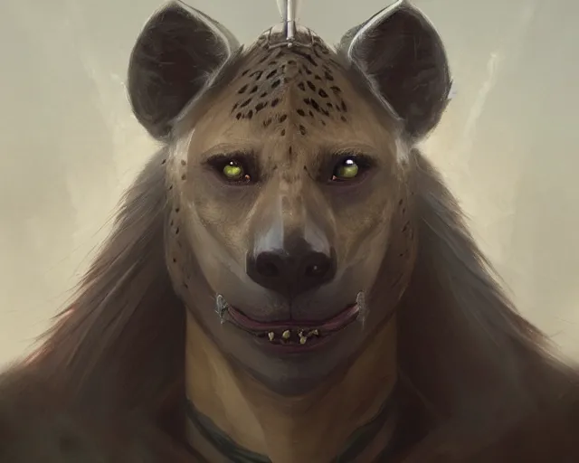 Image similar to A detailed matte oil on canvas head on symmetrical portrait of a man with the head of a hyena wearing heavy armor by Charlie bowater, Lise Deharme, Wlop, trending on artstationhd, dungeons and dragons art, critical role