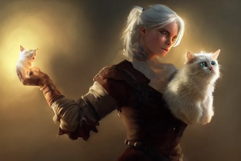 Image similar to Ciri holding a cat, beautiful lighting, expressive oil painting, trending on artstation, digital art, by Yoshitaka Amano