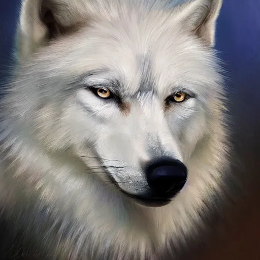 Image similar to A portrait of a white wolf wearing a crown, blue eyes, oil painting, award winning masterpiece, artstation
