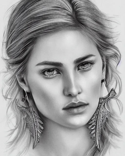 Image similar to pencil drawing of a beautiful greek goddess aphrodite with arrowhead earrings, beautiful piercing eyes, beautiful blonde hair, hyper realistic face, in the style of greg rutkowski, fantasy, amazing detail, epic, elegant, smooth, sharp focus, from the front