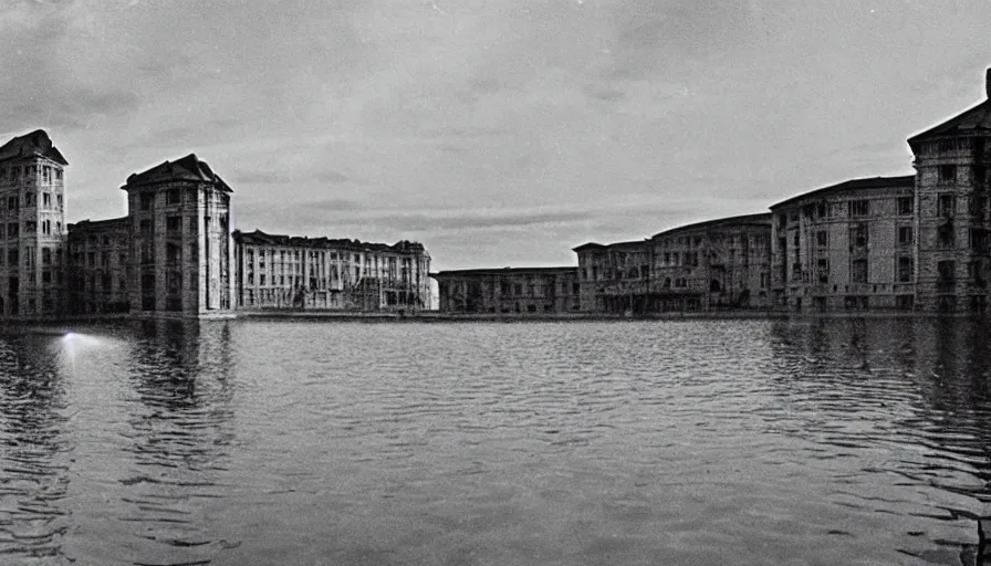 Image similar to 1 9 7 0 s movie still by andrei tarkovsky of a noneuclidian palace with a lake in the middle, by piranesi, panoramic, ultra wide lens, cinematic light, flare, anamorphic