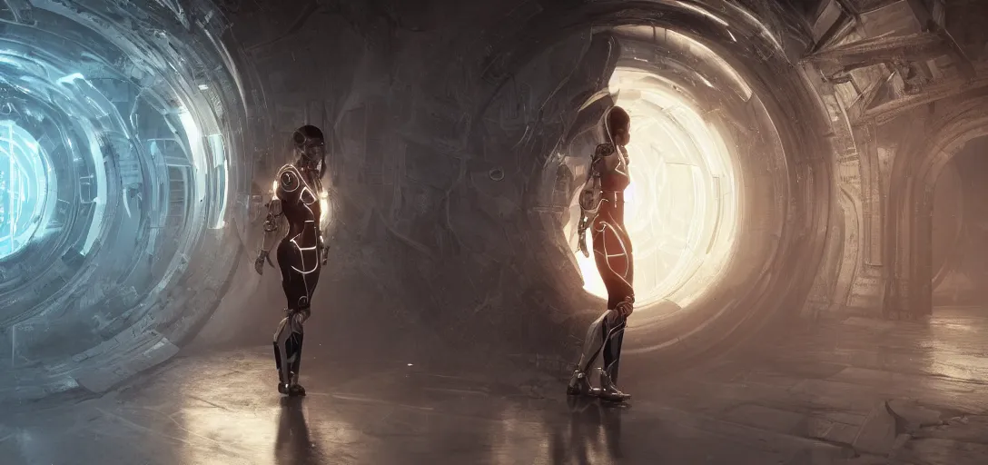 Image similar to hyperrealistic beautiful cinematic female cyborg walking through a portal, stunning 3 d render inspired by istvan sandorfi & greg rutkowski, perfect symmetry, dim volumetric cinematic lighting, 8 k octane comprehensive render, extremely mega hyper - detailed and lifelike attributes & atmosphere, intricate, realistic flesh texture, masterpiece, artstation, stunning,