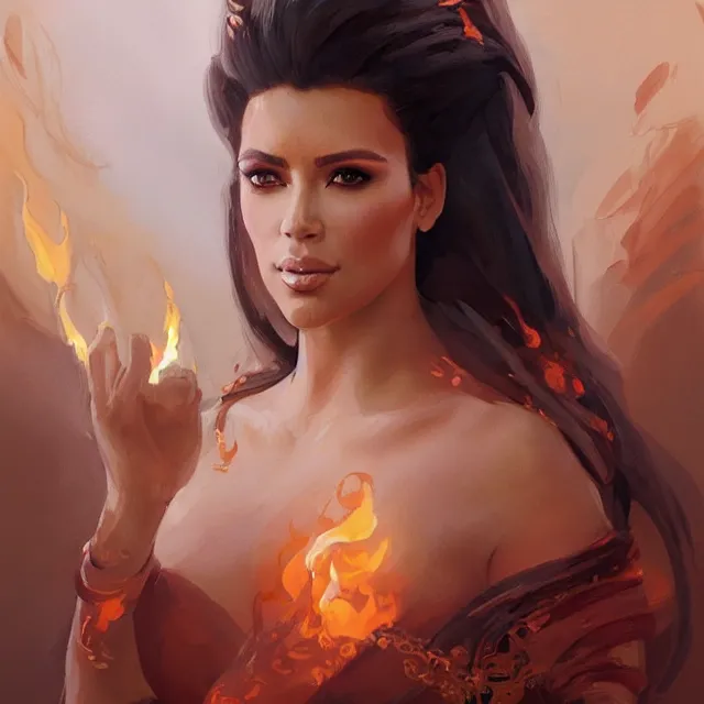 Image similar to Kim Kardashain as a firebender, portrait, elegant, intricate, digital painting, artstation, concept art, smooth, sharp focus, illustration, art by konstantin korovin and Daniel F. Gerhartz and john howe