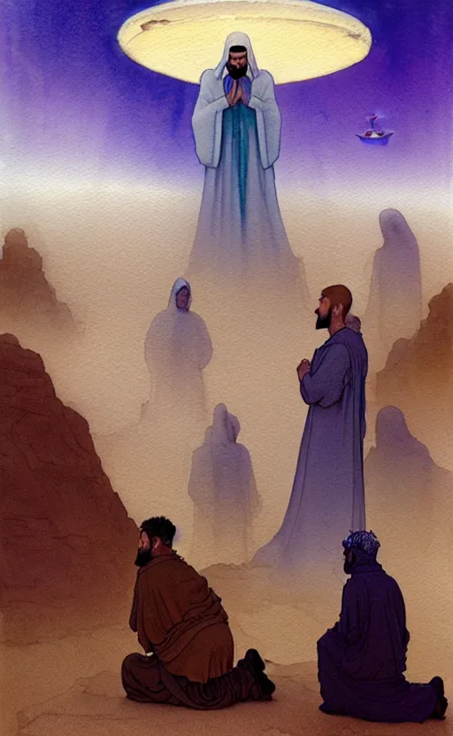 Image similar to a hyperrealist watercolour character concept art portrait of a group of middle eastern men kneeling down in prayer in front of a giant angel on a misty night in the desert. a ufo is in the background. by rebecca guay, michael kaluta, charles vess and jean moebius giraud