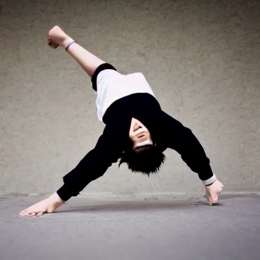 Prompt: a still photo of a young japanese girl breakdancing