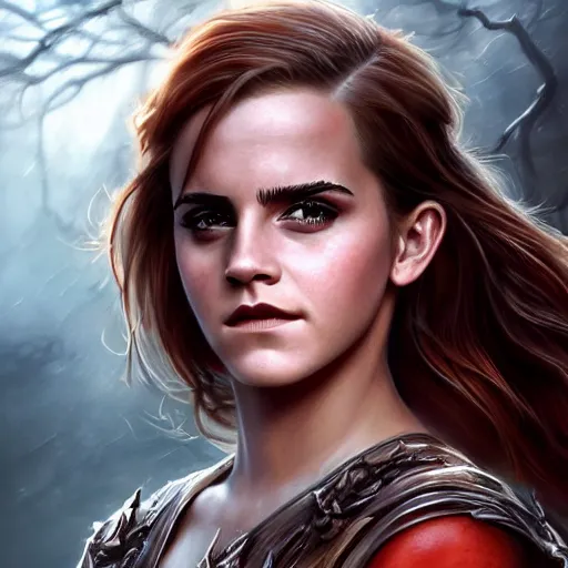 Prompt: emma watson as the goddess of hell, hot, hyper detailed, illustration, hyper realistic, blood, fire, dramatic lighting, cinematic, hell, full body portrait by steve henderson