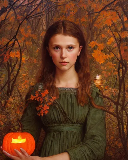 Image similar to a realistic candlelit portrait painting of a thoughtful girl resembling a young, shy, redheaded alicia vikander or millie bobby brown wearing peasant dress carrying a jack - o - lantern in a fall forest at night, highly detailed, intricate, concept art, artstation, by donato giancola, alphonse mucha, and william bouguereau