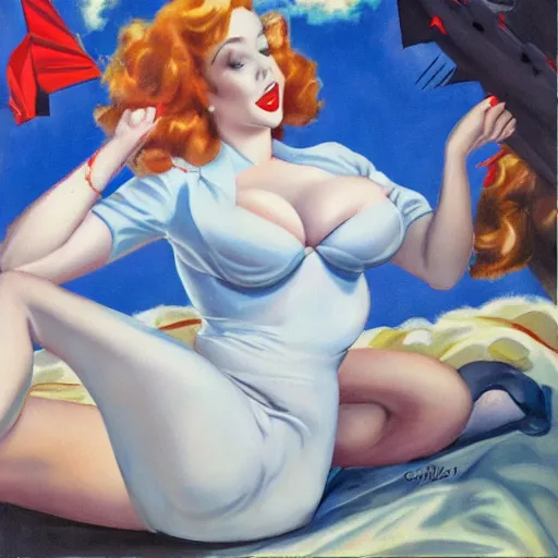 Image similar to Fully-clothed full-body portrait of Christina Hendricks as a pinup painting on world war II bomber