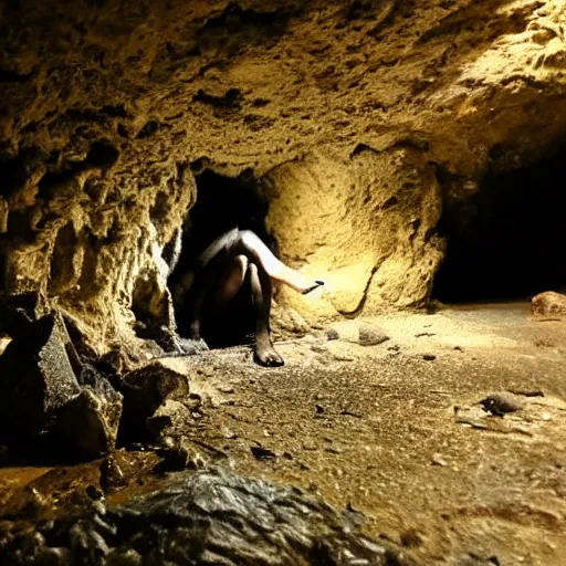 Prompt: photo inside a cavern of a scary humanoid partially hidden behind a rock with wet lizard skin and a mouth with sharp tooth and black eyes, staring at a tourist