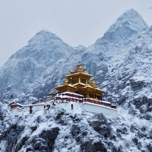 Image similar to snowy peaks, himalayas, buddhist temple, stunning, extraordinary, blizzard, mystical, made in abyss style