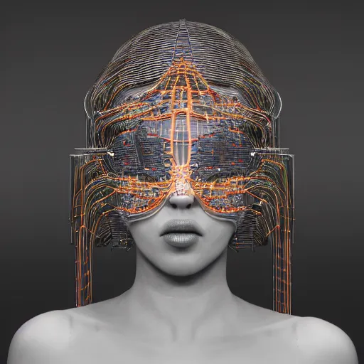 Image similar to deeper into the metaverse we go, piles of modular synth cables mixed with mangrove roots, kawaii puerto rican goddess swimming up wearing a headpiece made of circuit boards, by cameron gray, wlop, stanley kubrick, masamune, hideki anno, jamie hewlett, unique perspective, trending on artstation, 3 d render, vivid