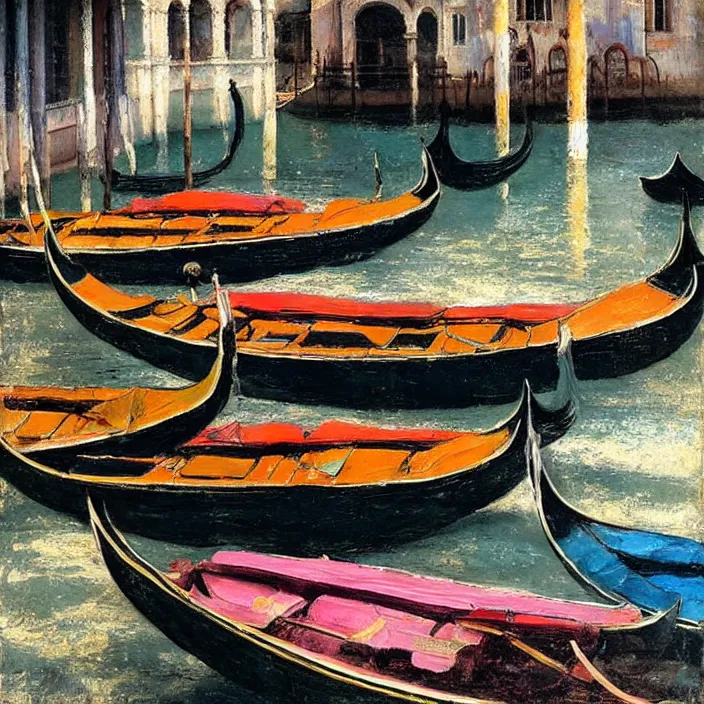 Image similar to venetian gondolas in the style of vrubel, pastel colors, chiaroscuro, bleached colors, cold shades, perfect beautiful, palette knife