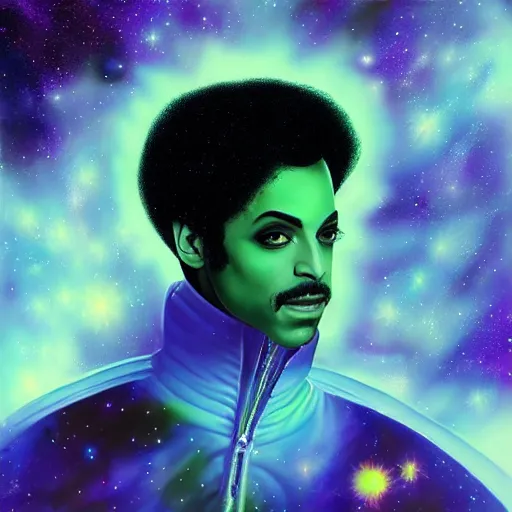 Image similar to a cosmic painting of prince in space. mindblowing colours, trending on artstation. highly detailed face.