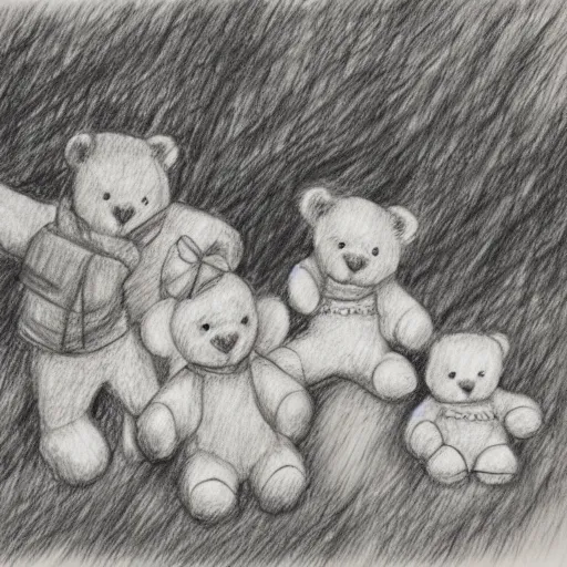 Prompt: teddy bears picnic in the style of carol lawson pencil sketch,