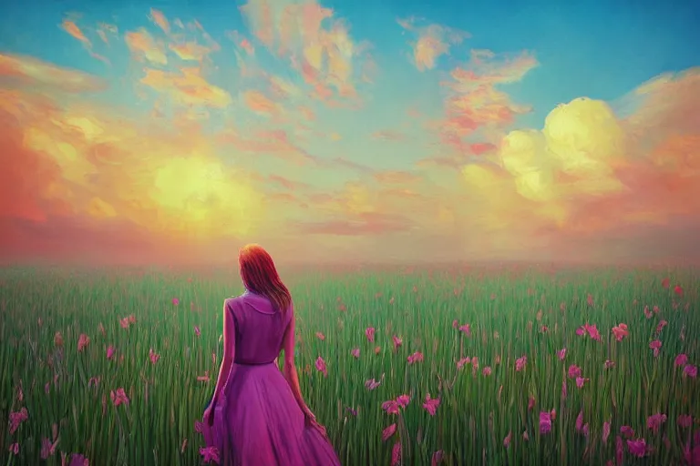 Image similar to giant gladiola head, girl walking in field of flowers, surreal photography, sunrise, blue sky, dramatic light, impressionist painting, digital painting, artstation, simon stalenhag