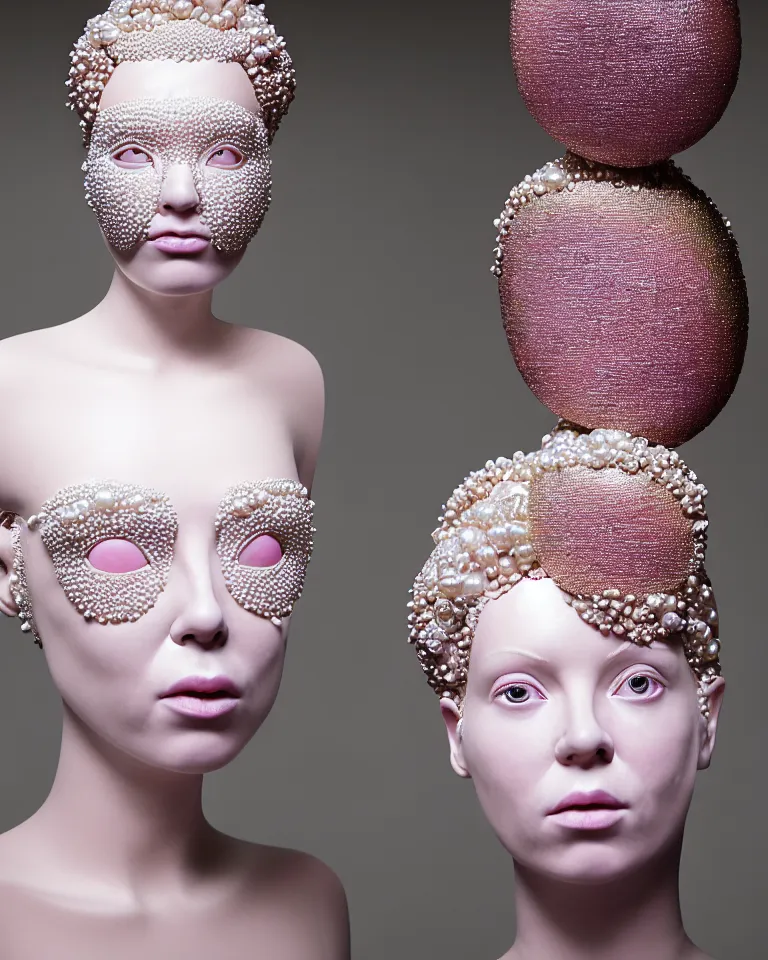 Image similar to portrait of a ethereal byzantine goddess wearing a big pearl studded iridescent beauty mask and pink hair buns, wearing a black bodysuit by alexander mcqueen, cream white background, soft diffused light, biotechnology, humanoid robot, perfectly symmetric, bjork aesthetic, translucent, by rineke dijkstra, intricate details, highly detailed, masterpiece,