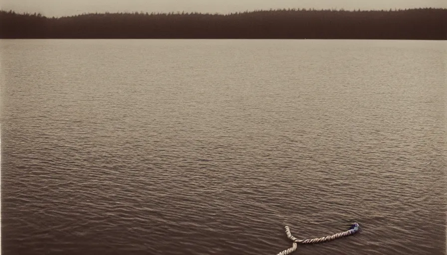 Prompt: photograph of an infinitely long rope floating on the surface of the water, the rope is snaking from the foreground towards the center of the lake, a dark lake on a cloudy day, anamorphic lens, kodak color film stock