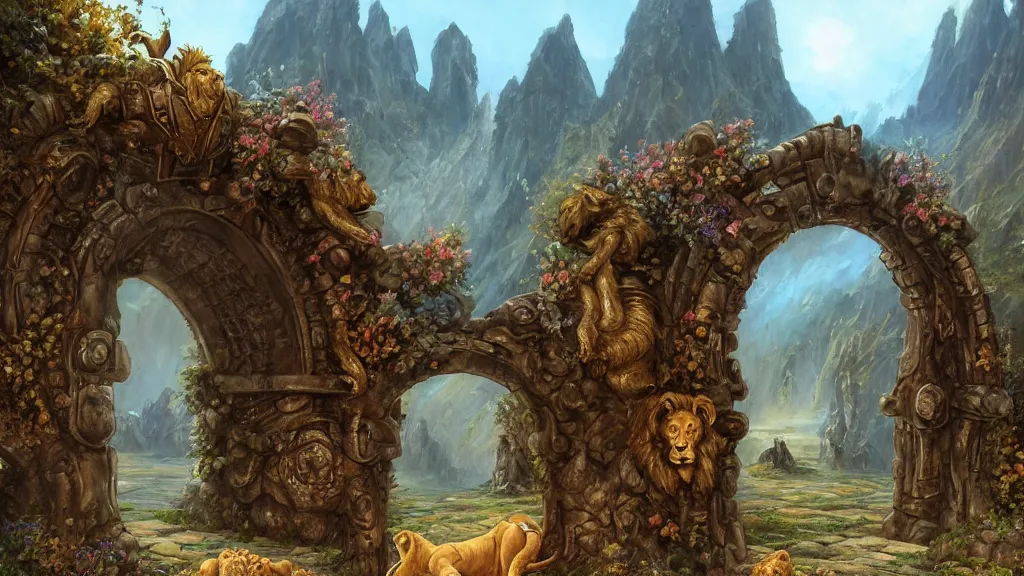 Image similar to A giant medieval fantasy portal gate with a rusty gold carved lion face at the center of it, the portal takes you to another world, full of colorful flowers on the lost Vibes and mountains in the background, spring, delicate fog, sea breeze rises in the air, by andreas rocha and john howe, and Martin Johnson Heade, featured on artstation, featured on behance, golden ratio, ultrawide angle, f32, well composed