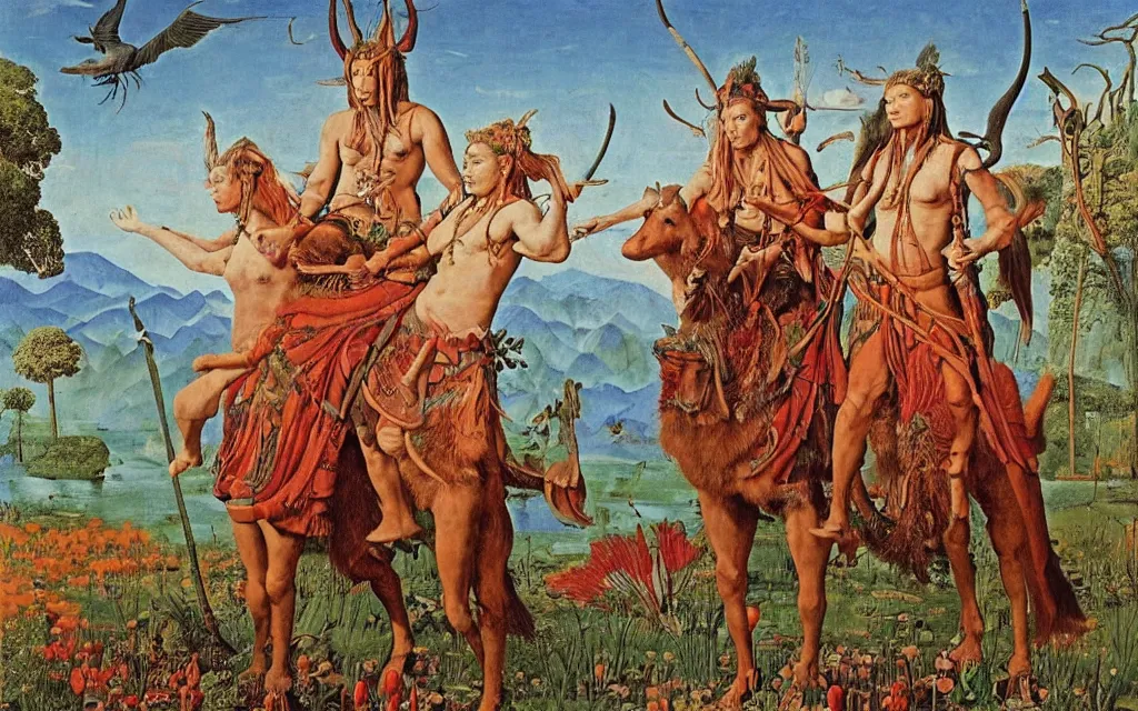 Image similar to a portrait photograph of a meditating shaman and a centaur monk riding a harpy and hunting at a river delta. surrounded by bulbous flowers and trees. mountain range under a blue sky of fiery stars. by jan van eyck, max ernst, ernst haeckel, ernst fuchs and artgerm, cgsociety, fashion editorial, 8 k