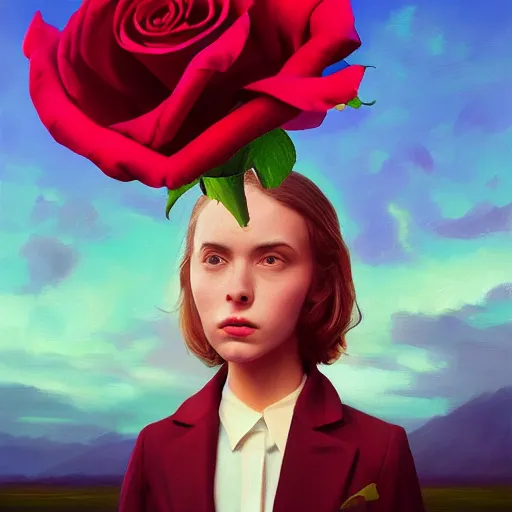 Prompt: closeup, giant rose flower as a head, portrait, girl in a suit, surreal photography, sunrise, blue sky, dramatic light, impressionist painting, digital painting, artstation, simon stalenhag
