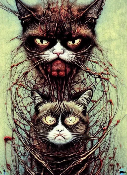 Image similar to a spirit of grumpy cat, red lake, highly detailed, art by Ayami Kojima, Beksinski, Giger