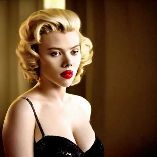 Image similar to stunning awe inspiring scarlett johansen as marilyn monroe, movie still 8 k hdr atmospheric lighting