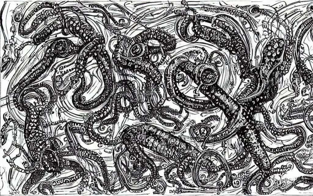 Image similar to complex alien technology in the form of a strange creature, with multiple eyes, tentacles and strange appendages by william steig and erich heckel