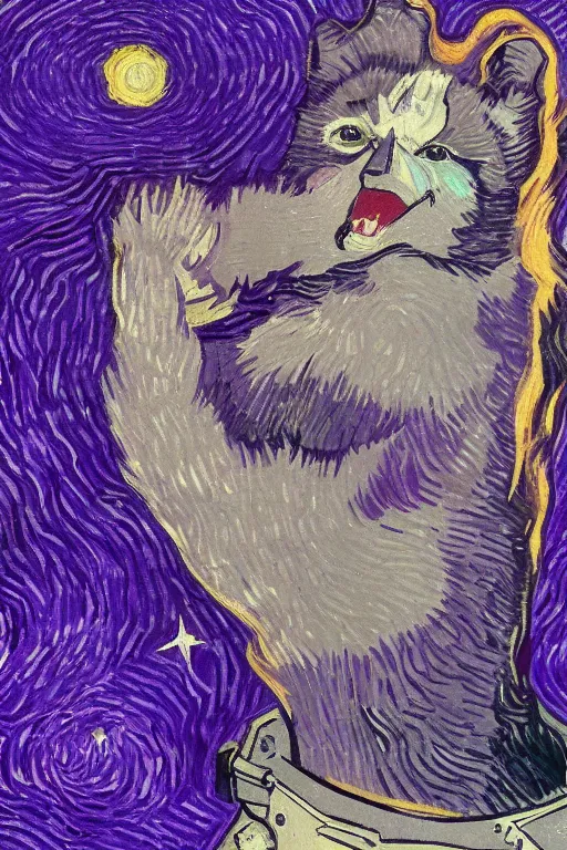 Image similar to selfie laughing purple space racoon by van Gogh style