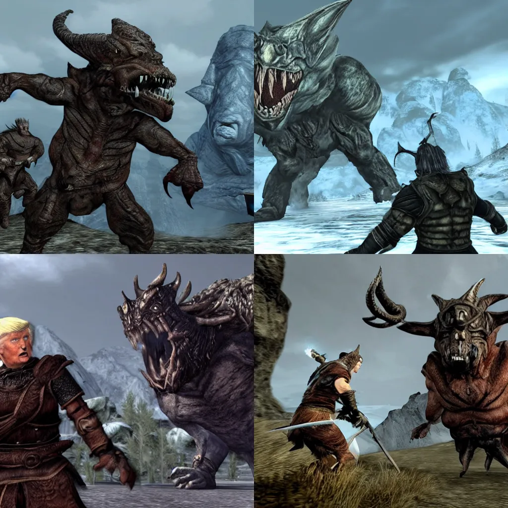 Prompt: donald trump getting chased by random monsters in skyrim