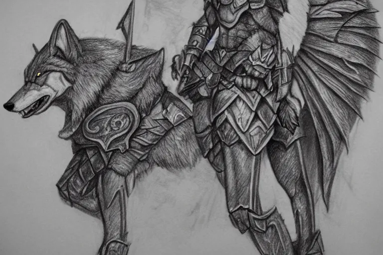 Image similar to a pencil drawing of a wolf, full body, D&D, armor, made by by Pen Tacula