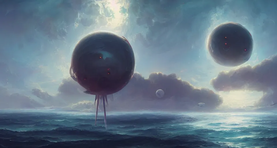 Image similar to a spherical white space stations looms over the ocean by peter mohrbacher, vivid colors, matte painting, 8K, concept art, mystical color scheme, trending on artstation