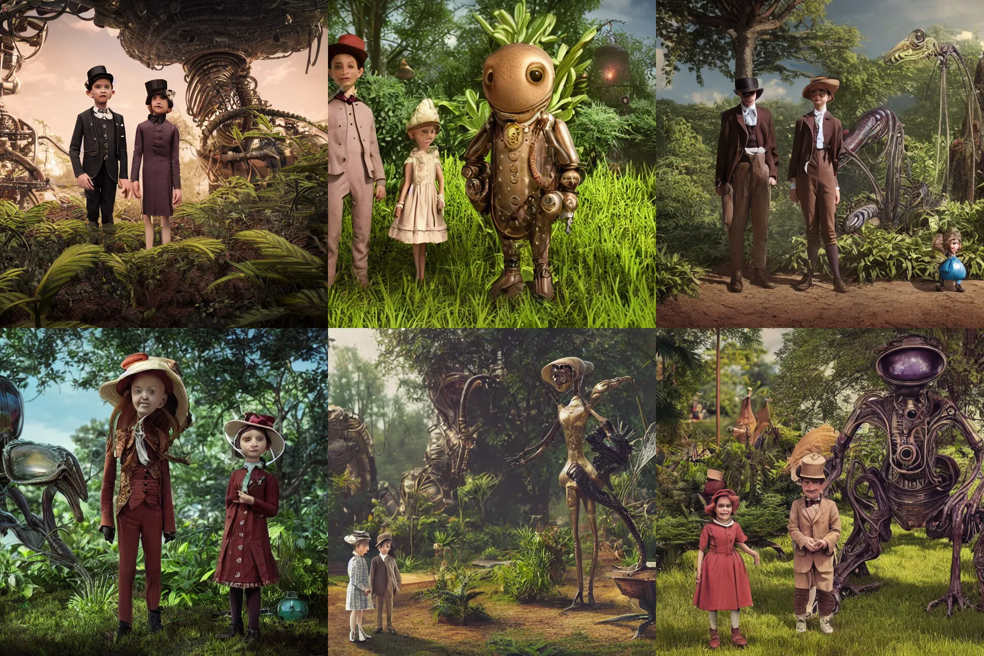 Prompt: detailed, sharp, a girl and a boy standing next to some alien plants, looking happy, wearing 1890s era clothes, their small pet alien creature is standing nearby, in a park on an alien planet, steampunk, extremely highly detailed, hyperrealistic, octane render, 8k, HD, good lighting