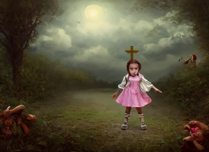 Image similar to a little girl with a cross fights off terrified demons, clear face and bright eyes. 8 k, matte painting, lowbrow in the style of lilia alvarado, mark ryden and martin johnson heade,