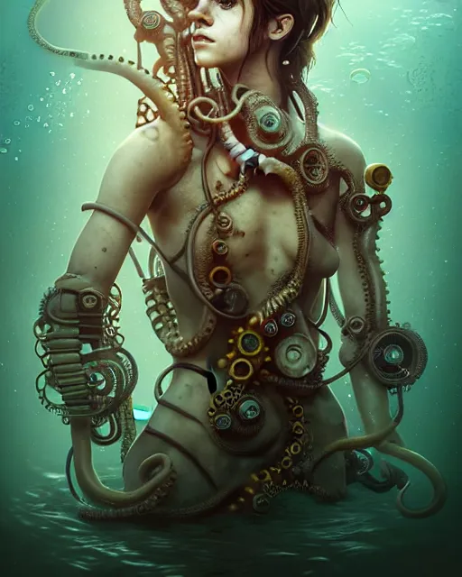 Image similar to underwater steampunk biopunk portrait of emma watson, octopus, au naturel, hyper detailed, digital art, trending in artstation, cinematic lighting, studio quality, smooth render, unreal engine 5 rendered, octane rendered, art style by klimt and nixeu and ian sprigger and wlop and krenz cushart.