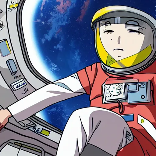 Image similar to an anime astronaut relaxing in space, manga character, anime, studio ghibli,