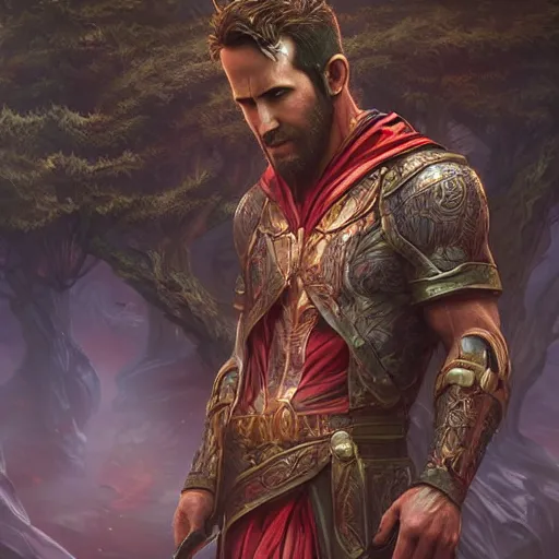 Prompt: ryan reynolds wearing sorcerer robes leans against a magical tree romance novel fantasy artwork epic detailed and intricate digital painting trending on artstation by wlop octane render