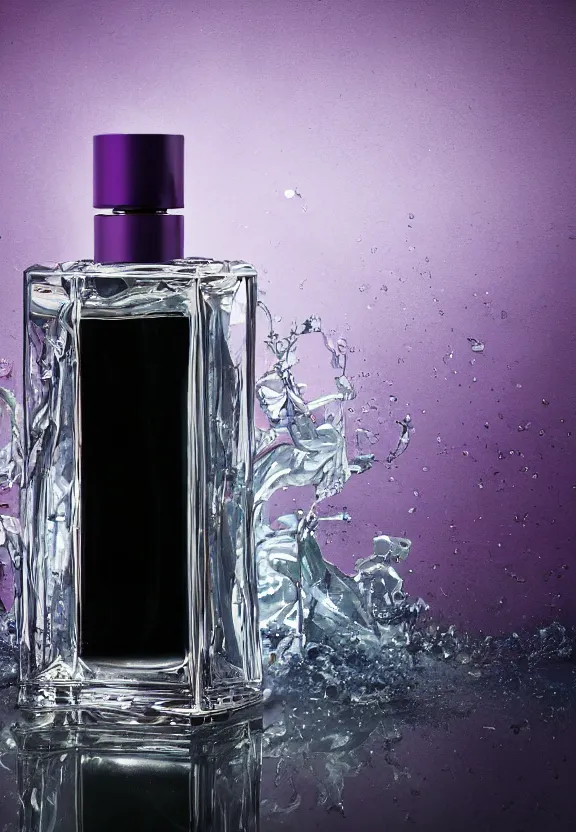 Prompt: close up shot of premium perfume bottle containing purple liquid, the bottle is placed on a table, the bottle is in the middle of the scene ultra detail, commercial, designer product, cinematic lighting, hd artstation, symmetrical, rendered, 4k