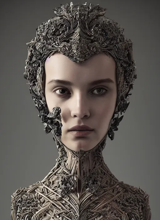 Image similar to sculpture made of wood, portrait, female, future, harper's bazaar, vogue, magazine, intricate, concept art, close up, ornate, luxury, elite, elegant, trending on artstation, by ruan jia, by Kenneth Willardt, by ross tran, by WLOP, by Andrei Riabovitchev,