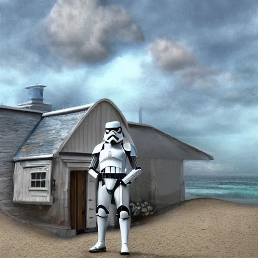 Prompt: An Imperial Stormtrooper dressed as a CEO holding a pencil in a bungalow on the beach, Digital art