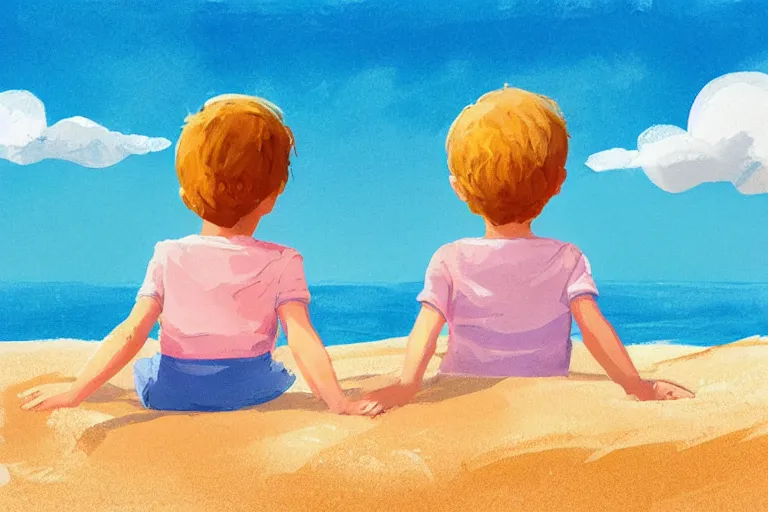 Prompt: Two happy children sitting on the beach making sandcastles, blue sky, HD, artstation, illustration by Benji Davies