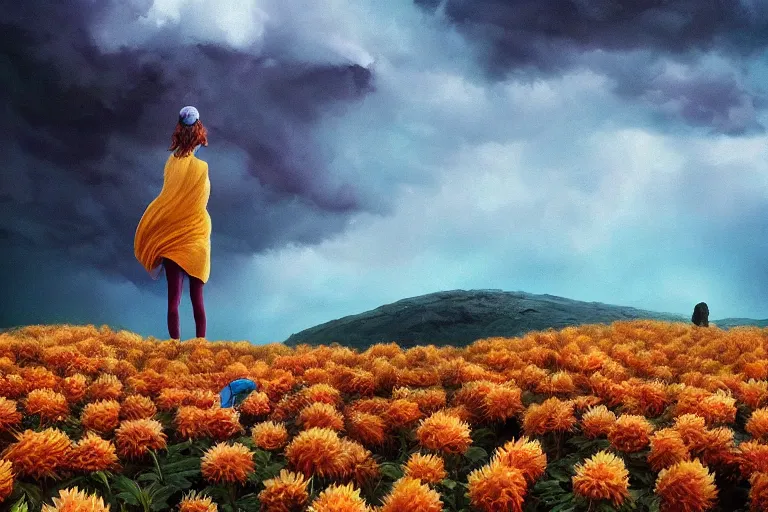 Image similar to face covered giant dahlia flower, girl on mountain, surreal photography, blue storm clouds, dramatic light, impressionist painting, digital painting, artstation, simon stalenhag