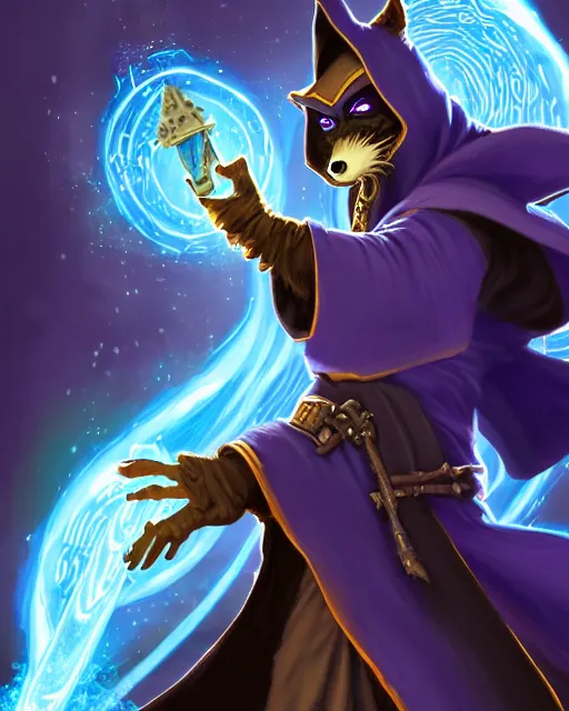 Image similar to closeup, highly detailed digital illustration portrait of hooded priest sorcerer druid necromancer sly cooper rocket the raccoon casting a magical energy sparkling swirling blue glowing spell in an ancient castle, action pose, d & d, magic the gathering, by rhads, frank frazetta, lois van baarle, jean - baptiste monge, disney, pixar,